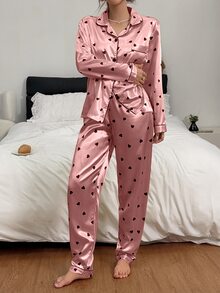 Napfluff Faux Silk Printed Heart Long Sleeve Pants Loungewear - Coral Pink - View 4
