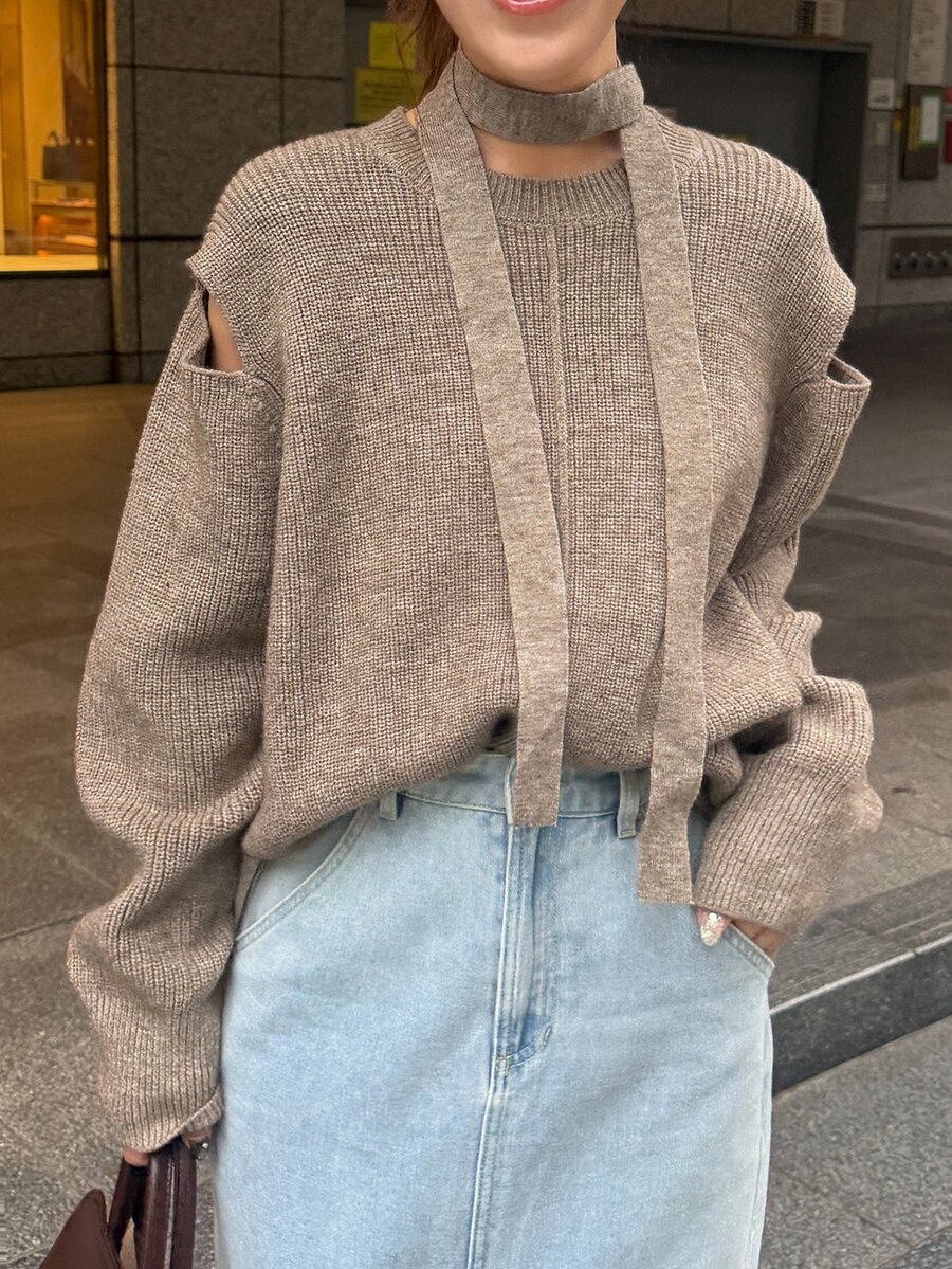 FRIFUL Women's Solid Color Hollow Out Long Sleeve Round Neck Casual Sweater Fall - Khaki - View 1