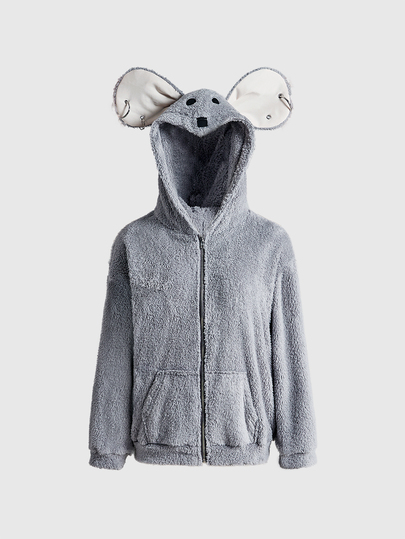ROMWE Chaqueta regular para mujer con diseño de ratón lindo, forro polar de cordero de doble cara, estilo punk callejero y excéntrico