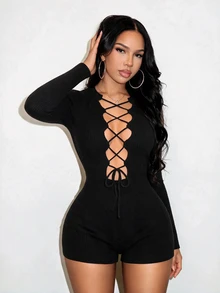 BamGleam Black Ribbed Long Sleeve Knit Romper With Hollow Out Tie Front, Slim Fit Elastic Bodycon Jumpsuit - Black - View 6
