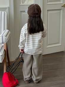 DAZY 2pcs/Set Baju Sweatshirt Lengan Panjang Bergaris Leher Bulat dan Celana Sweatpants untuk Bayi Perempuan (Musim Gugur) - Aprikot - View 2