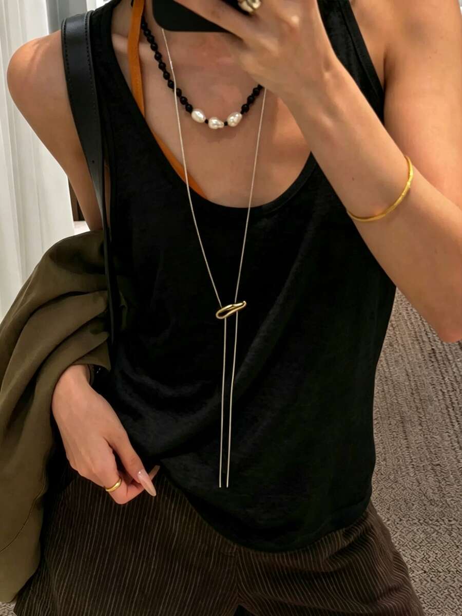 Livesso 女款修身寬鬆休閒圓領寬肩帶白色百搭背心上衣 秋季 - 黑色 - 查看 1
