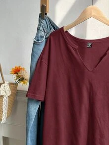 Comfortcana 大尺碼春夏服飾，大尺碼春夏做舊雪花醋酸纖維復古玫瑰紅寬鬆短袖小V領大尺碼T恤，棉質面料 - 酒紅色 - 查看 5