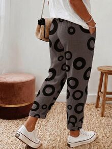 SHEIN Holidaya Women's Waist Tie Pocket Round Pattern Casual Tapered Pants - Grey - View 2