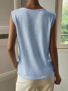 Livesso 女款寬鬆白色背心，優雅商務休閒辦公穿搭，通勤內搭衫，夏季 - 藍色 - 查看 3