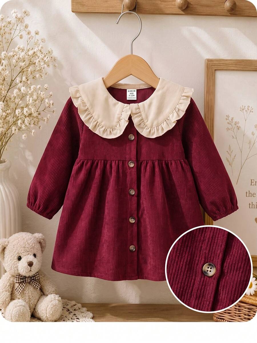SHEIN Baby Girl Contrast Color Peter Pan Collar Front Button Dress - Red - View 1
