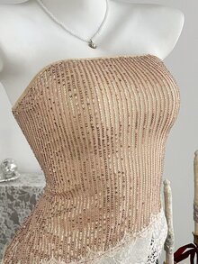 Elamini Women's Autumn/Winter Minimalist Sequin Elegant Color-Block Lace Asymmetrical Hem Tube Top, Suitable For Party And Date - Champagne - View 5