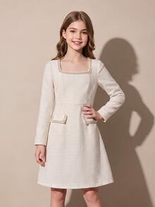 SHEIN Tween Girls Cream Solid Tweed Dress Square Neck Pearl Trim Long Sleeve Flared Dress School Dance Holiday - Apricot - View 1