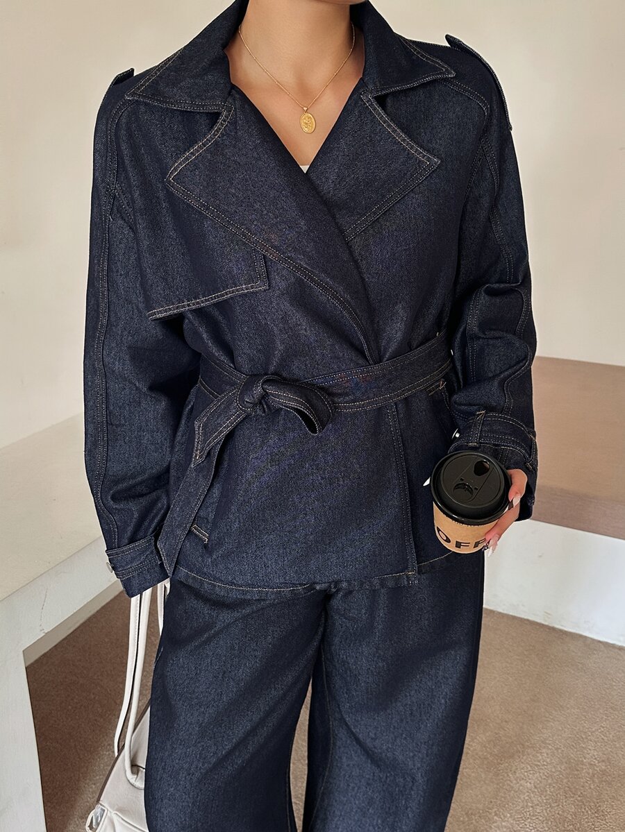 Dazy Plus Loose Tie-Up Lapel Long Sleeve Denim Top And Pants Casual Spring Summer Autumn New Denim Two Pieces Set - Dark Wash - View 1