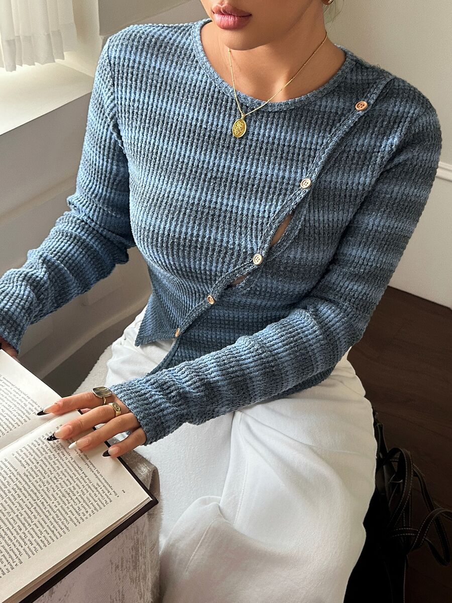 Dazy Plus Floral Yarn Asymmetrical Collar Fitted Long Sleeve Round Neck Casual Vacation Spring Autumn Top Cardigan - Dusty Blue - View 1