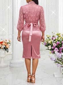 Fleurora Women's 3/4 Sleeve Open Front Top And Dress Elegant 2 Pieces Set - Pink - View 2