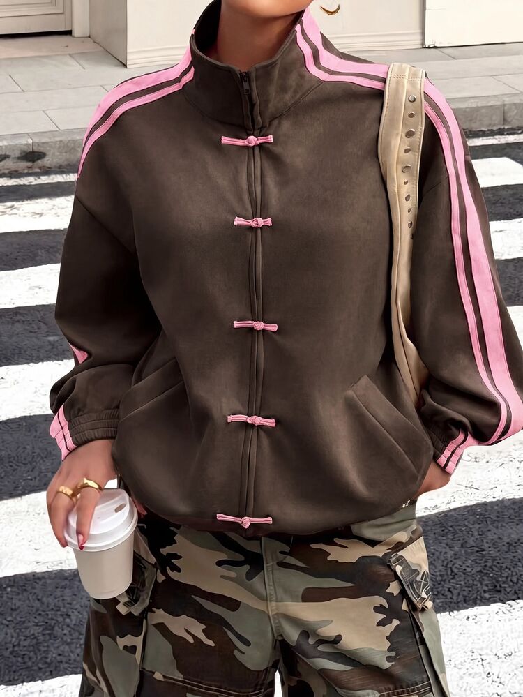 Muchica Plus Size Women's Spring/Summer Side Stripe & Frog Button Design Jacket Fall - Brown - View 4