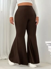 SHEIN EZwear 大尺碼女款純色休閒百搭日常穿著喇叭褲 - 棕色 - 查看 6