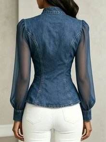Balvessa Women's Double-Breasted Denim Effect Mesh Long Sleeve Elegant Blouse - Blue - View 2