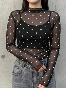 Dazy Plus Atasan Jala Pas Badan Motif Polkadot Kulit Ukuran Plus - Hitam - View 8