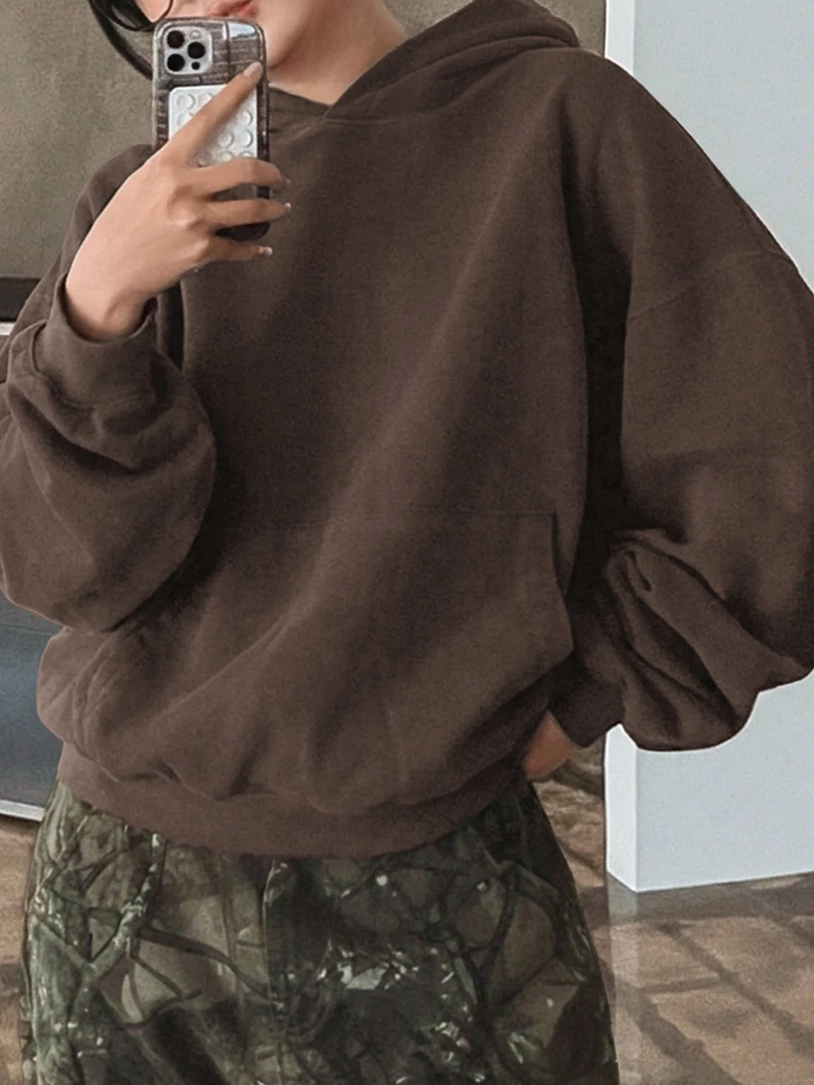 Dazy Plus Vintage Washed Distressed Hooded Pullover Loose Casual Blogger Coffee Color Streetwear Spring Autumn New Sweatshirt - Brown - View 1