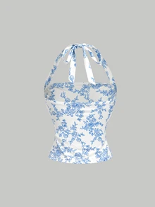 SHEIN MOD 3件組花卉印花與純色掛脖背心上衣 - 藍色 - 查看 11