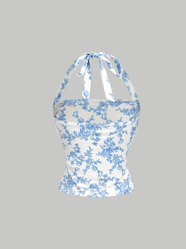 SHEIN MOD 3pcs Floral Print & Solid Color Halter Neck Tank Tops - Blue - View 11