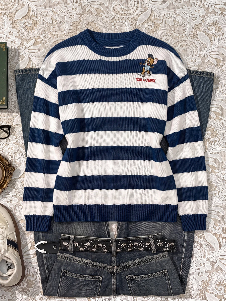 TOM & JERRY X SHEIN SHEIN EZwear 女款卡通圖案拼色休閒日常長袖針織衫 - 彩色 - 查看 1