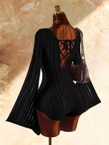 Amplova Jumpsuit nữ len dệt kiểu Boho mới, thắt dây trước, ôm dáng, hơi xuyên thấu - màu đen - Xem 1