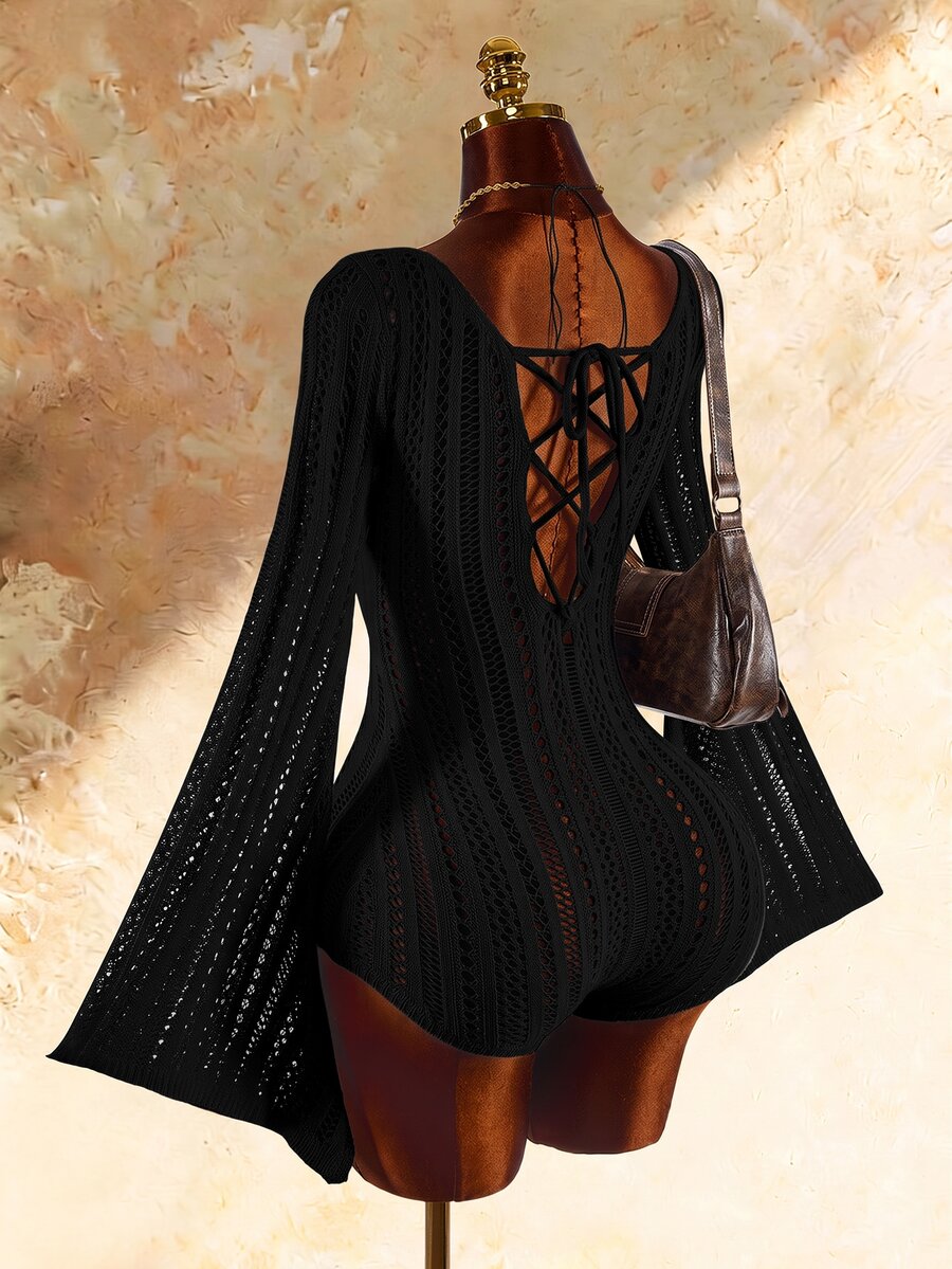 Amplova Jumpsuit nữ len dệt kiểu Boho mới, thắt dây trước, ôm dáng, hơi xuyên thấu - màu đen - Xem 1