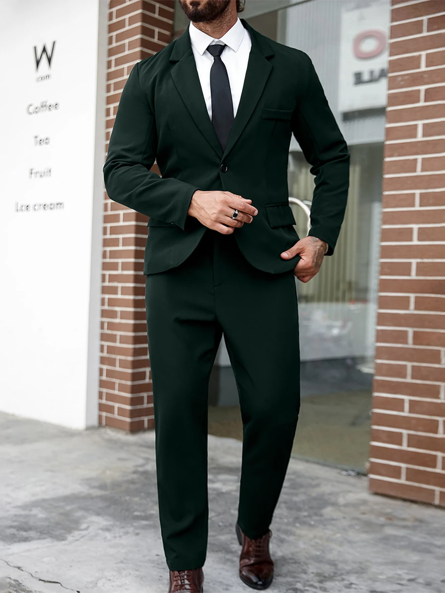 Manfinity Mode 男士大尺碼鈕扣長袖夾克與口袋長褲商務西裝套裝 - 墨綠色 - 查看 1