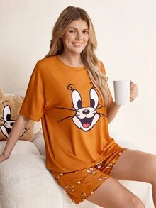 TOM & JERRY X SHEIN Women's Cartoon Print Short Sleeve Top And Shorts Pajama Set - Brown - View 5