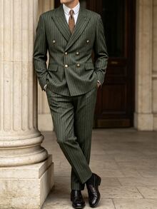 Manfinity Mode Men's Business Commute Striped Double-Breasted Blazer & Trousers Suit Set - Army Green - View 1