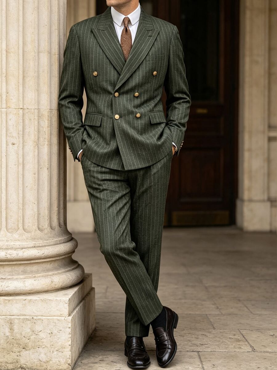 Manfinity Mode Men's Business Commute Striped Double-Breasted Blazer & Trousers Suit Set - Army Green - View 1