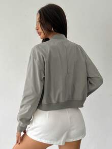 SHEIN Unity Women's Solid Color Dropped Shoulder Long Sleeve Single-Breasted Casual Utility Pocket Lightweight Baseball Jacket - Grey - View 2