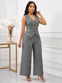 SHEIN Lady 女款條紋單排扣背心與寬腿褲休閒通勤兩件套 - 黑色 - 查看 4