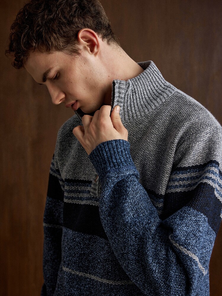 Manfinity CityGents Old Money Men's Vintage Zipper Half-Placket Long Sleeve Striped Sweater, American Casual, Unisex Style, Couple Outfit, Best Holiday Gift - Blue - View 7