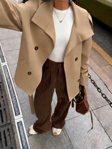 SHEIN x Luisa Sonza Elyressa 女款素色落肩長袖單排扣腰部綁帶風衣外套 - 卡其色 - 查看 4
