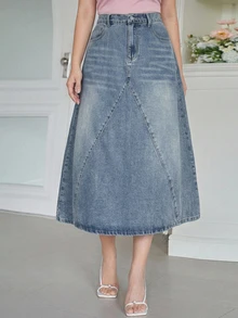Dazy Plus Spring Summer Autumn Vintage Washed Casual Style A-Line Denim Skirt With Pockets For Women - Medium Wash - View 2