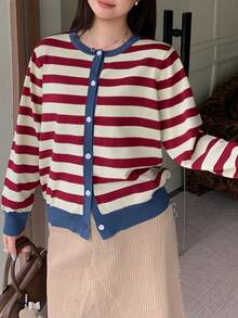 Dazy Plus Contrast Stripe Round Neck Fun Casual Versatile Cardigan Sweater Autumn/Winter New - Red - View 7