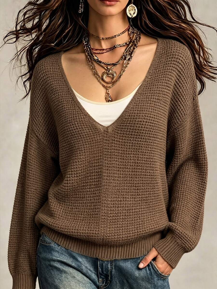 SHEIN 女款休閒深V領落肩薄款長袖純色棕色套頭毛衣 - 棕色 - 查看 1