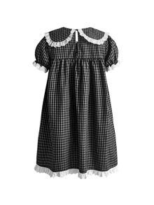 Sweetness Women's Peter Pan Collar Plaid Short Petal Sleeve Mini Dress - Black - View 2
