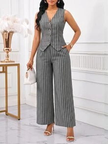 SHEIN Lady 女款條紋單排扣背心與寬腿褲休閒通勤兩件套 - 黑色 - 查看 6