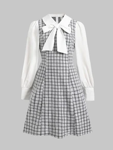 SHEIN 兒童青少年女孩休閒簡約優雅翻領大蝴蝶結裝飾格紋拼接 2 合 1 長袖 A 字短洋裝 - 淺灰色 - 查看 3