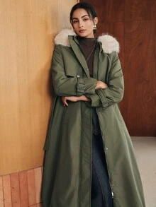 Anewsta Women's Pockets Waist Belt Design Long Sleeve Zipper Front Fur Collar Hooded Long Casual Winter Jack - Army Green - View 4