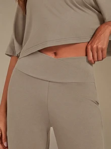 Athîral Women's Asymmetric Neckline Cropped Top And Long Pants Loungewear Set - Camel - View 5