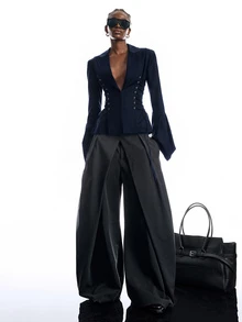 LYSMO Women's Solid Color Lapel NeckEyelet Lace-Up Design Fashion Blazer - Navy Blue - View 4