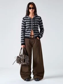 LYSMO Women's Striped Colorblock Drawstring Hooded Cardigan - Dark Grey - View 6