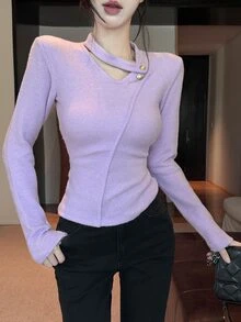 Joudiya Women's Elegant Solid Color Long Sleeve T-Shirt, Autumn - Purple - View 3