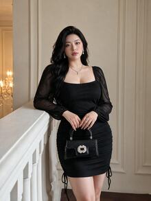Vibekara Spring/Autumn Slimming Square Neck Sexy Elegant Bodycon Dress For Women, Chiffon Patchwork Long Sleeve Ruched Drawstring Fitted Dress, Plus Size Fall - Black - View 4