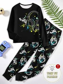 青少年男孩熱門遊戲主機印花圓領長袖上衣與全身印花修身長褲兩件套 - 黑色 - 查看 1