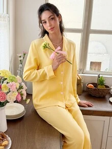 Snug Reverie Solid Color Green Collar Trim Long Sleeve Pants 2 Pieces Set Loungewear Pajamas - Yellow - View 3
