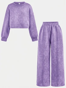 SHEIN 兒童青少年女孩秋冬休閒街頭風雪花印花寬鬆圓領長袖套頭衛衣與百褶寬腿運動長褲套裝，2件套，海軍藍 - 紫色 - 查看 6
