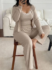 Dazy Plus Korean Style Casual Loungewear 3 Pieces Set With Long Pants, Spring/Autumn New Pajama Set - Khaki - View 5