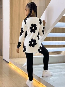 SHEIN 青少年女孩寬鬆長袖上衣與側開衩緊身內搭褲 2 件套 - 彩色 - 查看 2